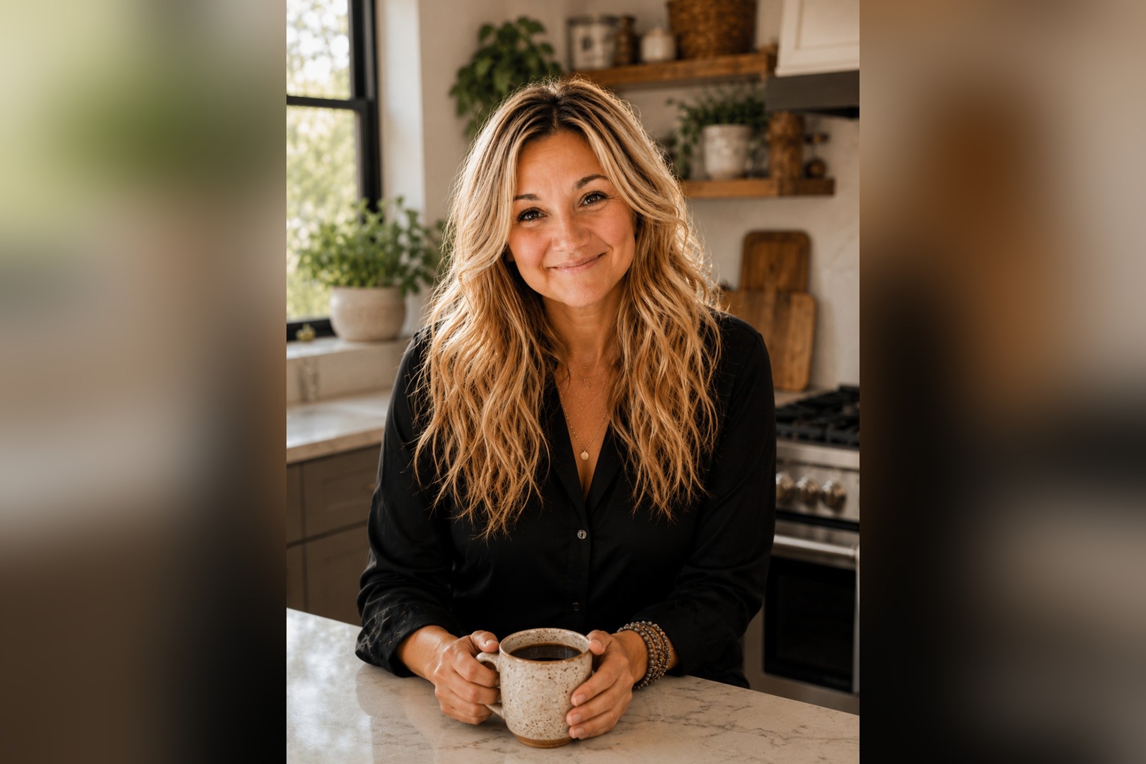 Lisa Sevajian at her kitchen counter with a coffee mug, warm morning light through the window