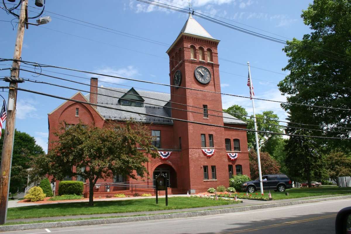 The red brick town hall with its clock tower in Plaistow NH