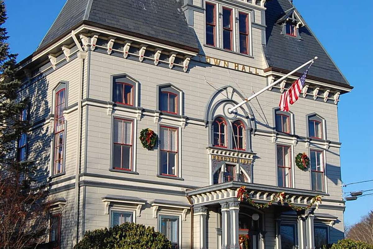 The historic town hall on a sunny winter day in Topsfield MA