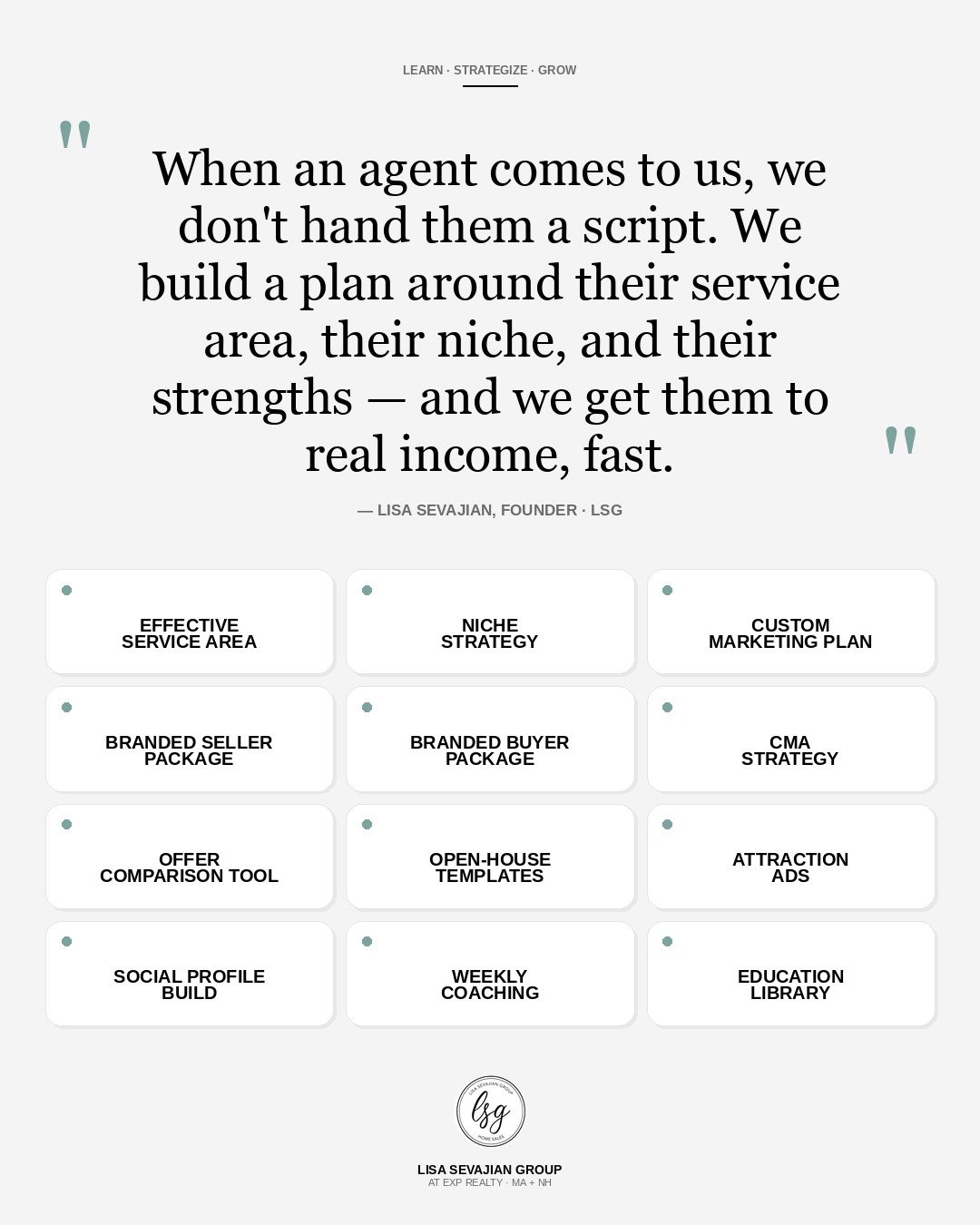 What LSG builds for new agents — effective service area, niche strategy, custom marketing plan, branded seller package, branded buyer package, CMA strategy, offer comparison tool, open-house templates, attraction ads, social profile build, weekly coaching, education library