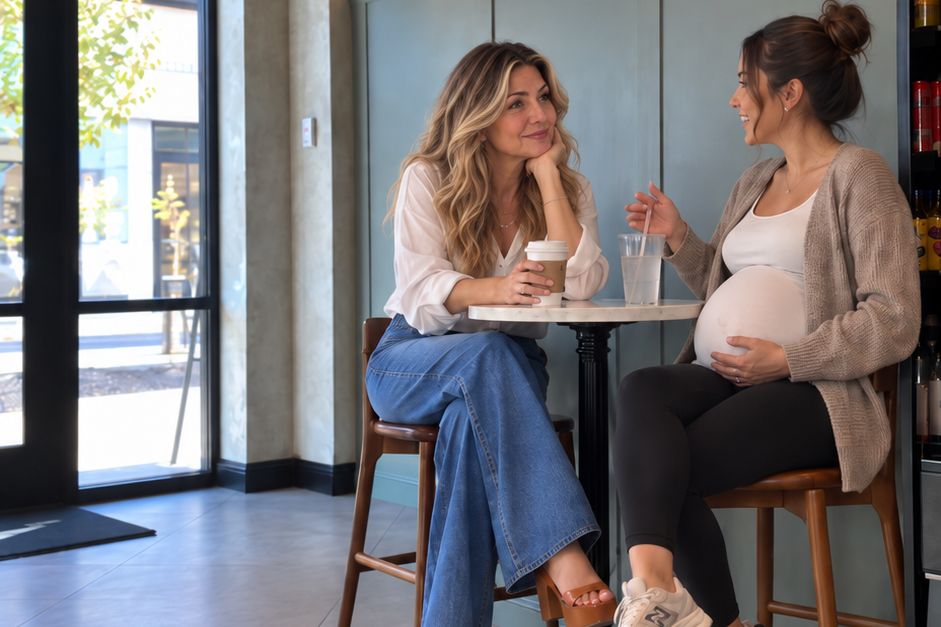 Two moms talking over coffee about nesting and buying a home before the baby comes, Northern MA and Southern NH