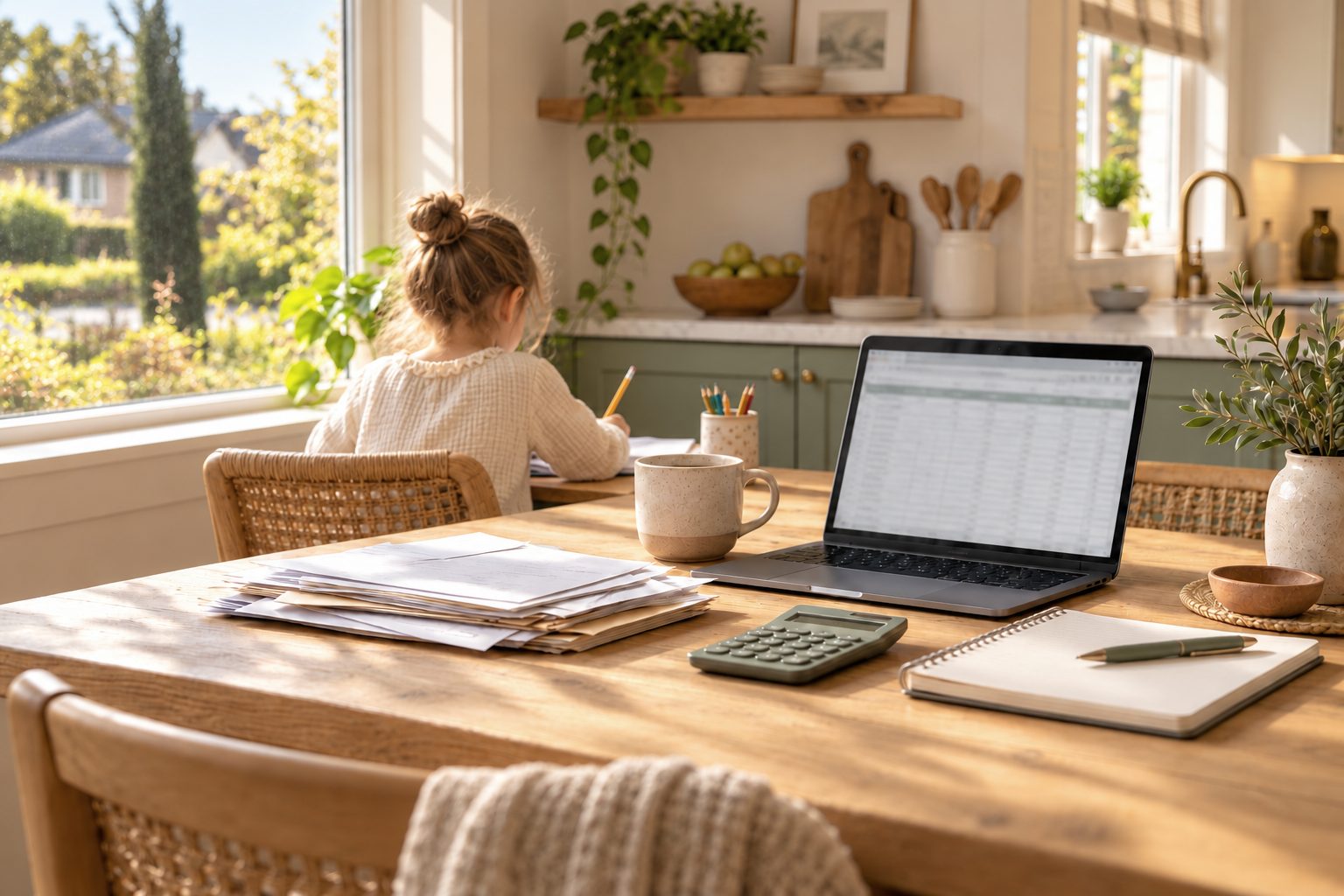 A kitchen table with bills, a calculator and a laptop budget while a child does homework, for families pricing a home in MA and NH