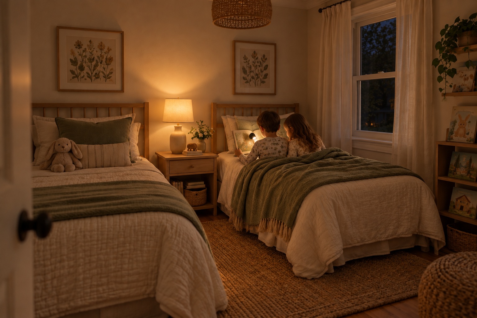 Two children reading together at bedtime in a shared bedroom with twin beds and a warm lamp