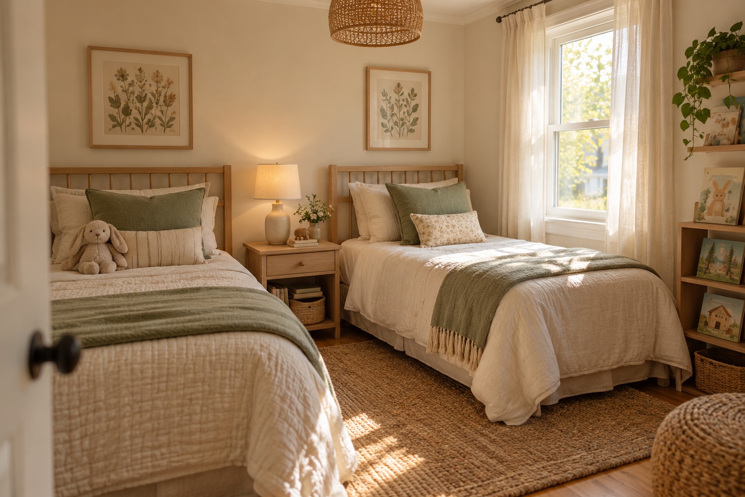 A shared kids' bedroom with two twin beds, soft green blankets and sun through the window