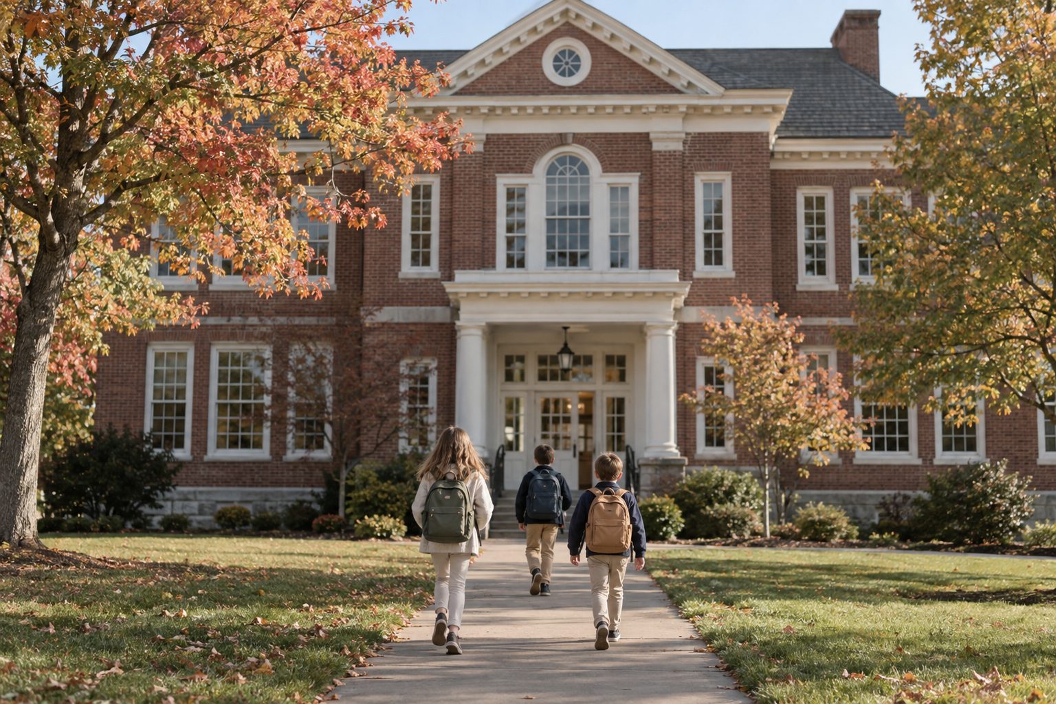Children with backpacks walking up the path to a brick elementary school on a fall morning, the kind of school visit families make before buying in MA or NH