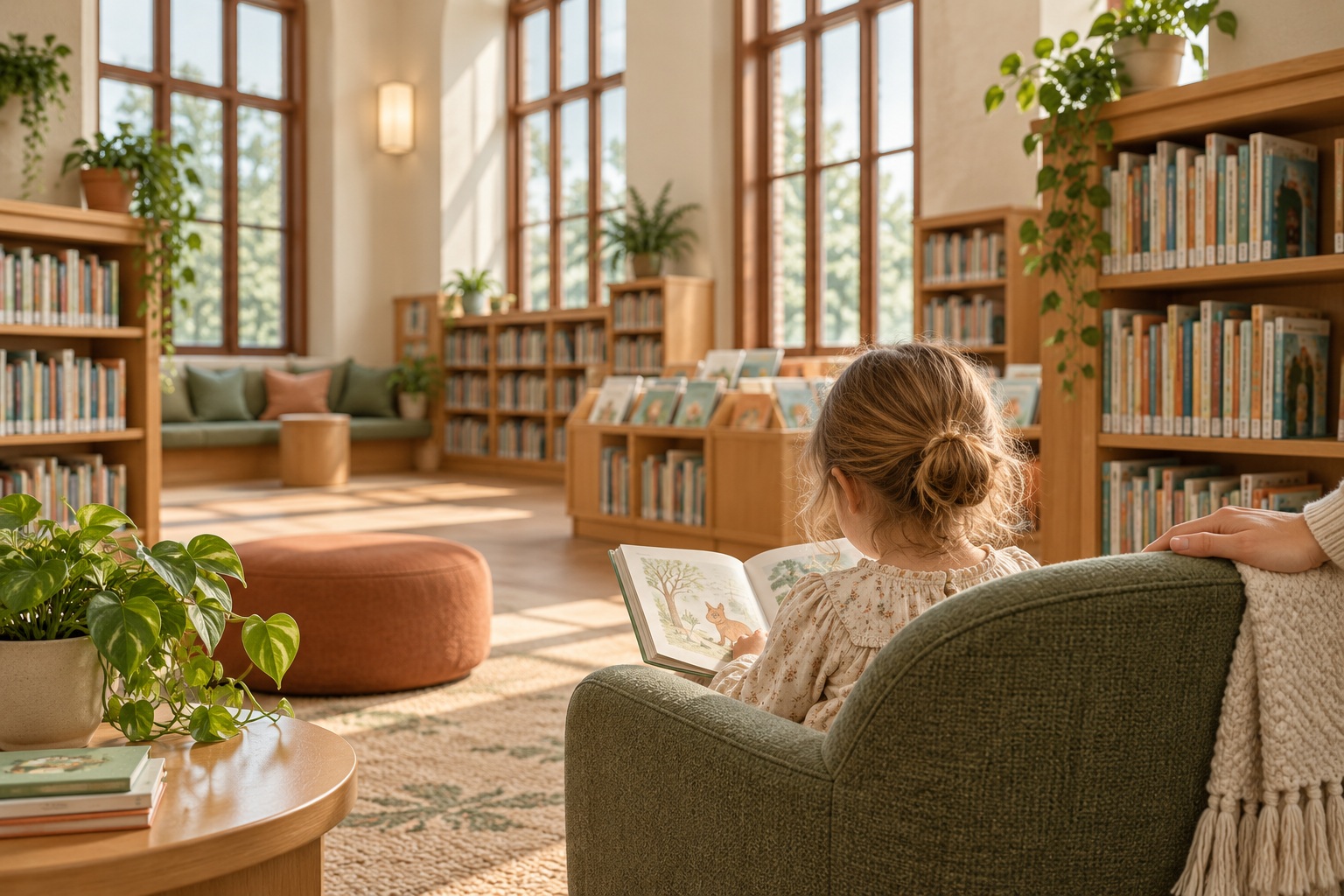 A child reading a picture book in a sunny school library, the kind of room to look at on a school visit in MA or NH