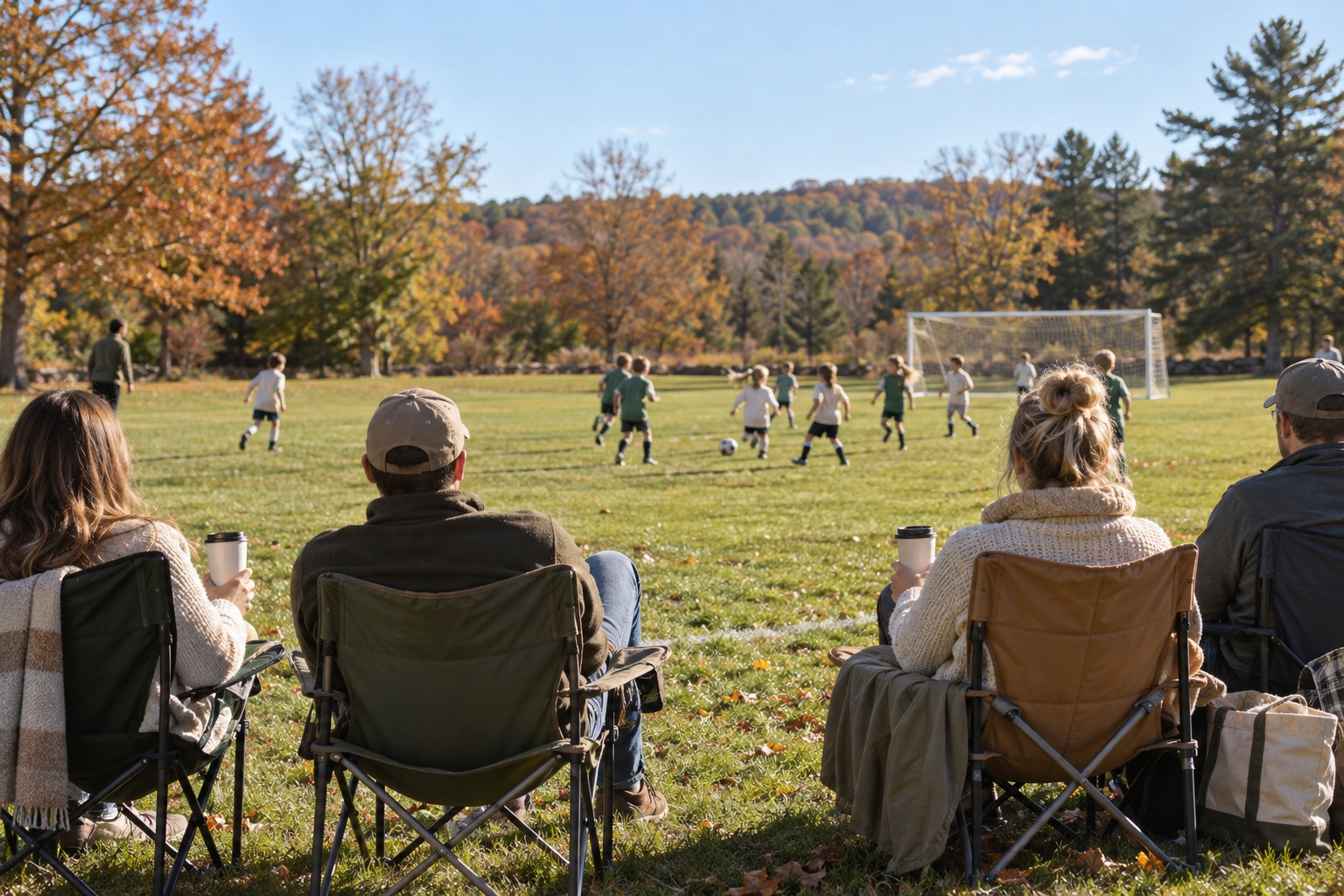 Families watching kids play soccer on a field with fall trees, the kind of town life families weigh when buying in MA or NH