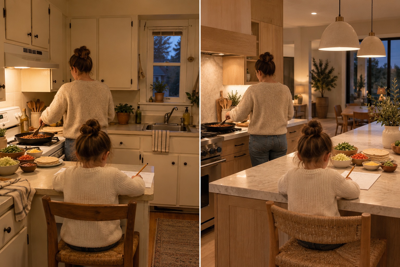 Two kitchen scenes side by side, each with a parent making dinner while a child sits at the counter