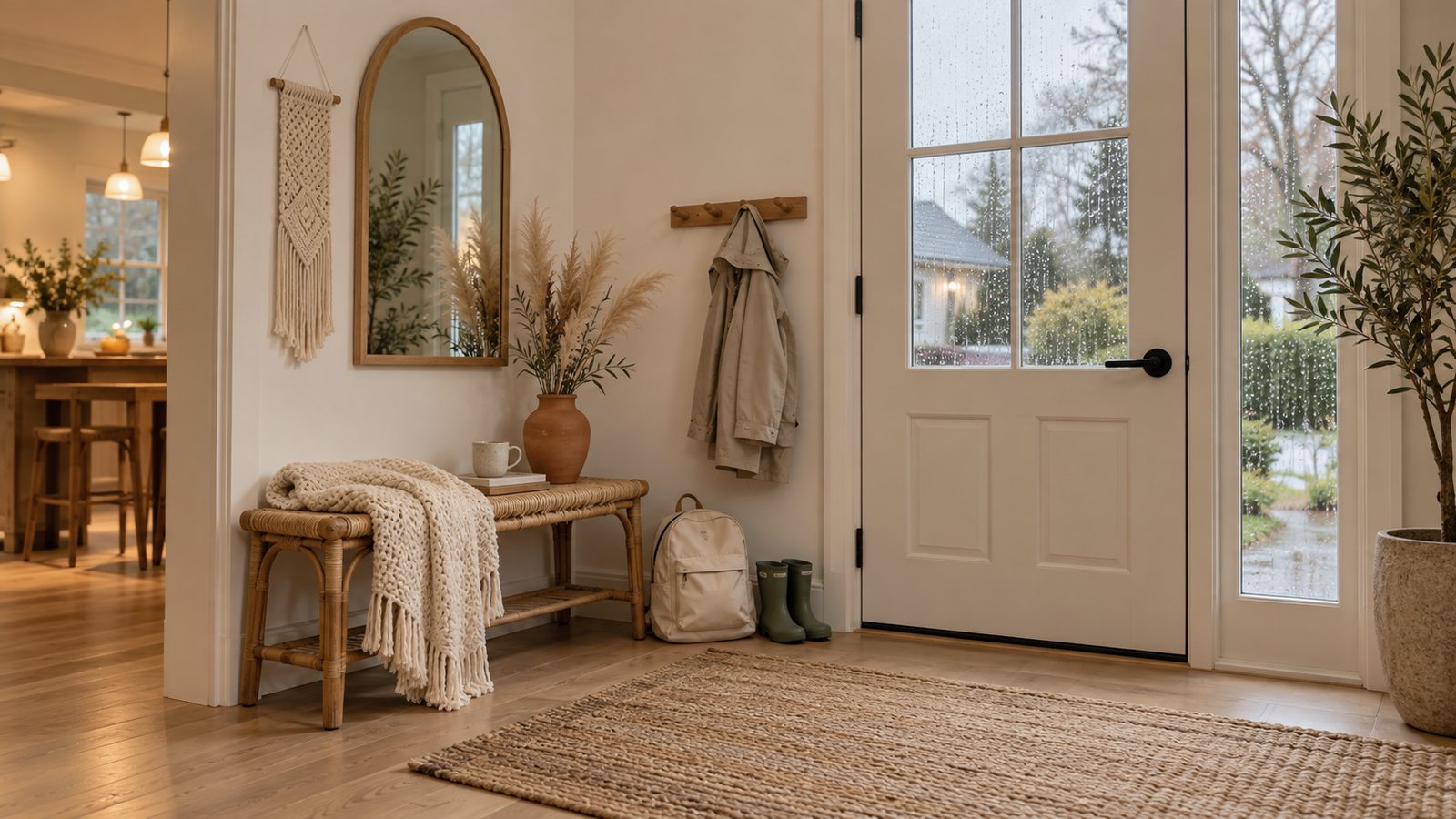 A front entry on a rainy school morning with a child's backpack and rain boots by the door, for families choosing a home in MA and NH
