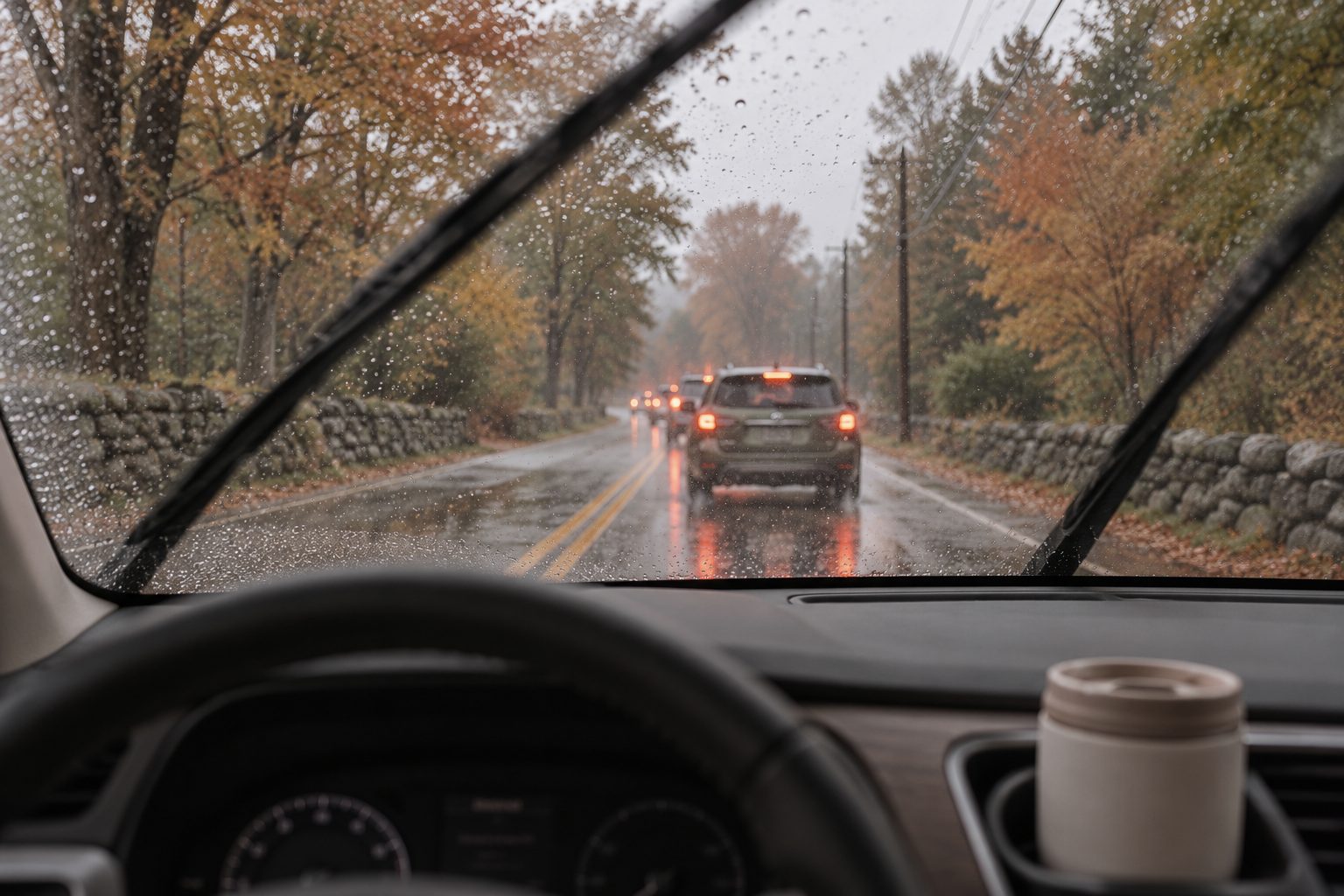 The view from the driver's seat on a rainy morning school drop-off drive
