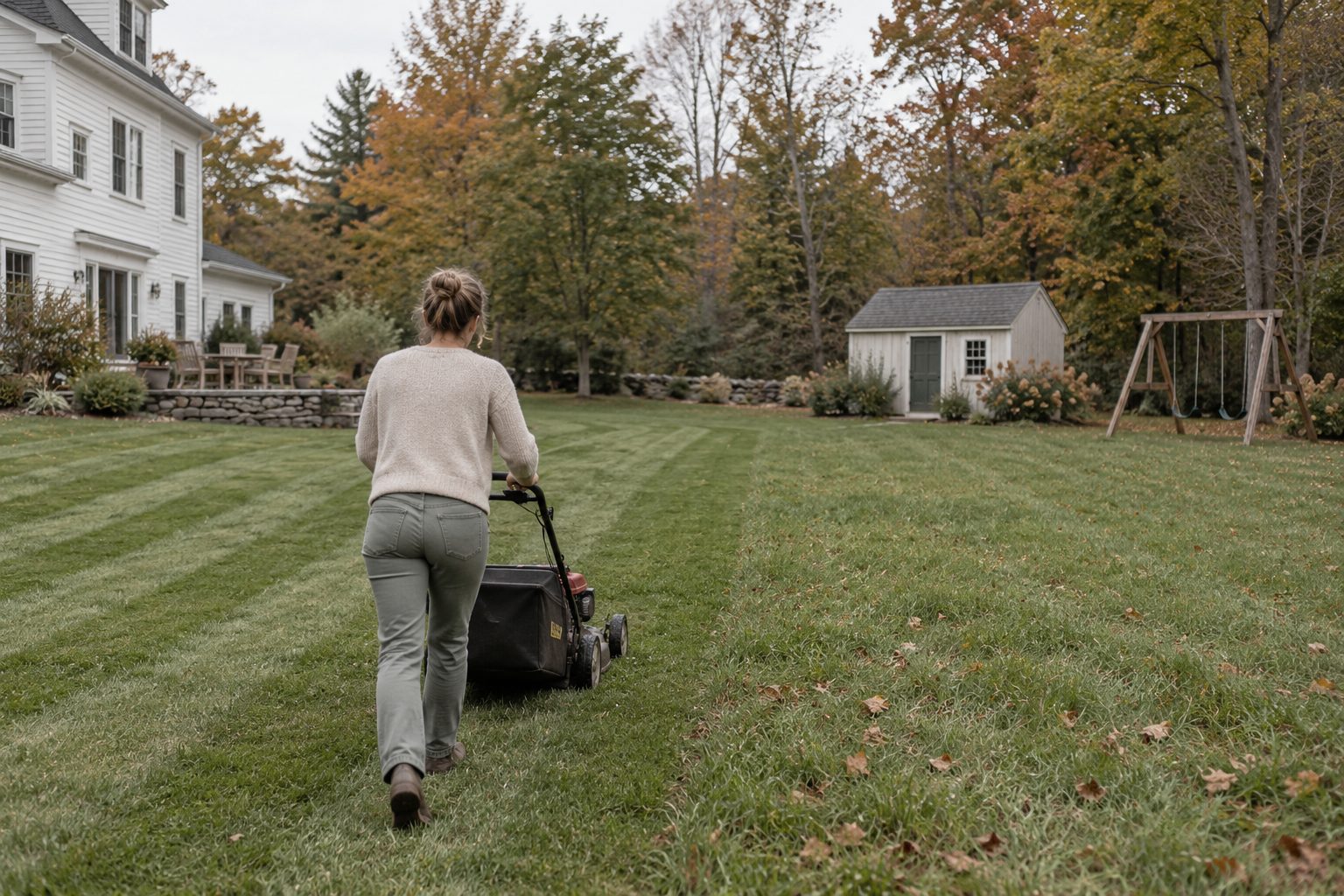 A parent mowing a big backyard behind a colonial home with a shed and a swing set in the fall