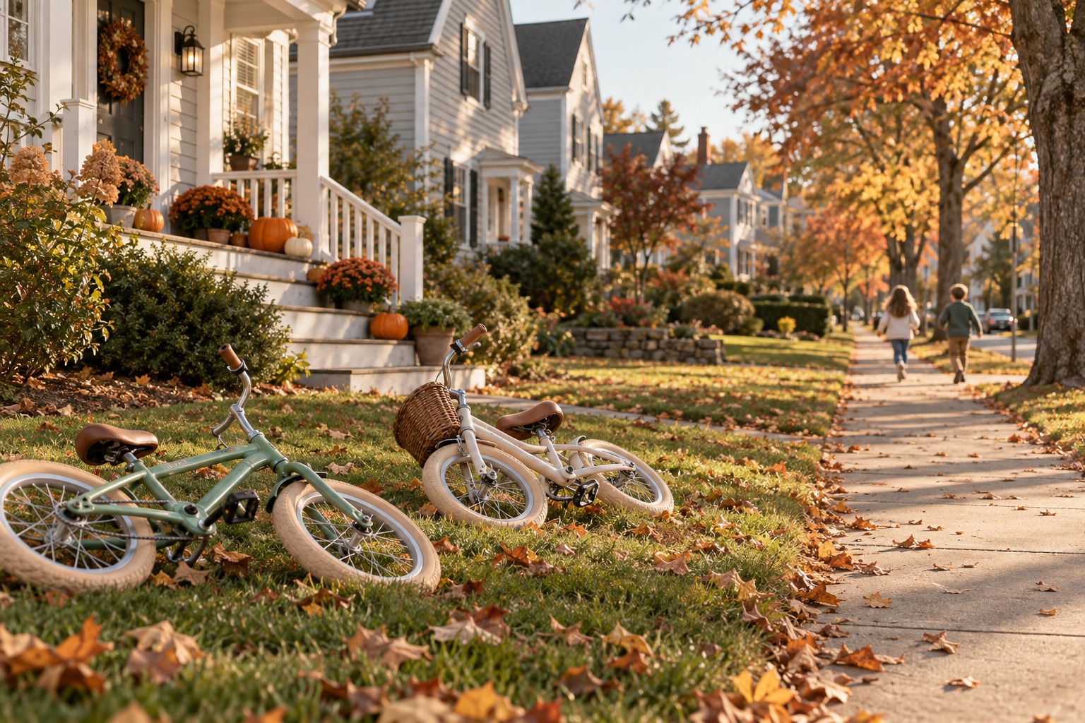 Bicycles on a front lawn beside a fall sidewalk as kids head home, a neighborhood scene families weigh when buying in MA or NH