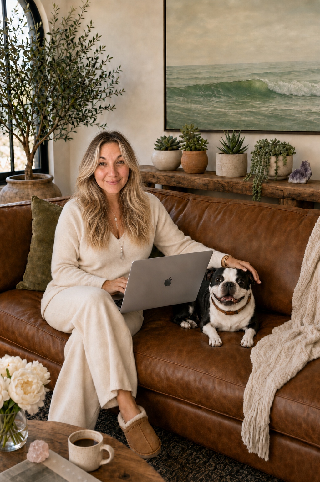 Lisa Sevajian at home working with her dog Pickles beside her