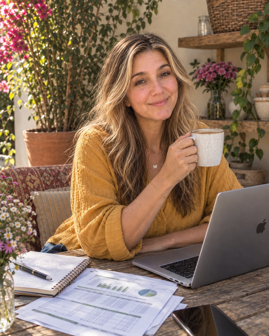 Lisa Sevajian with coffee and a laptop going over payment numbers