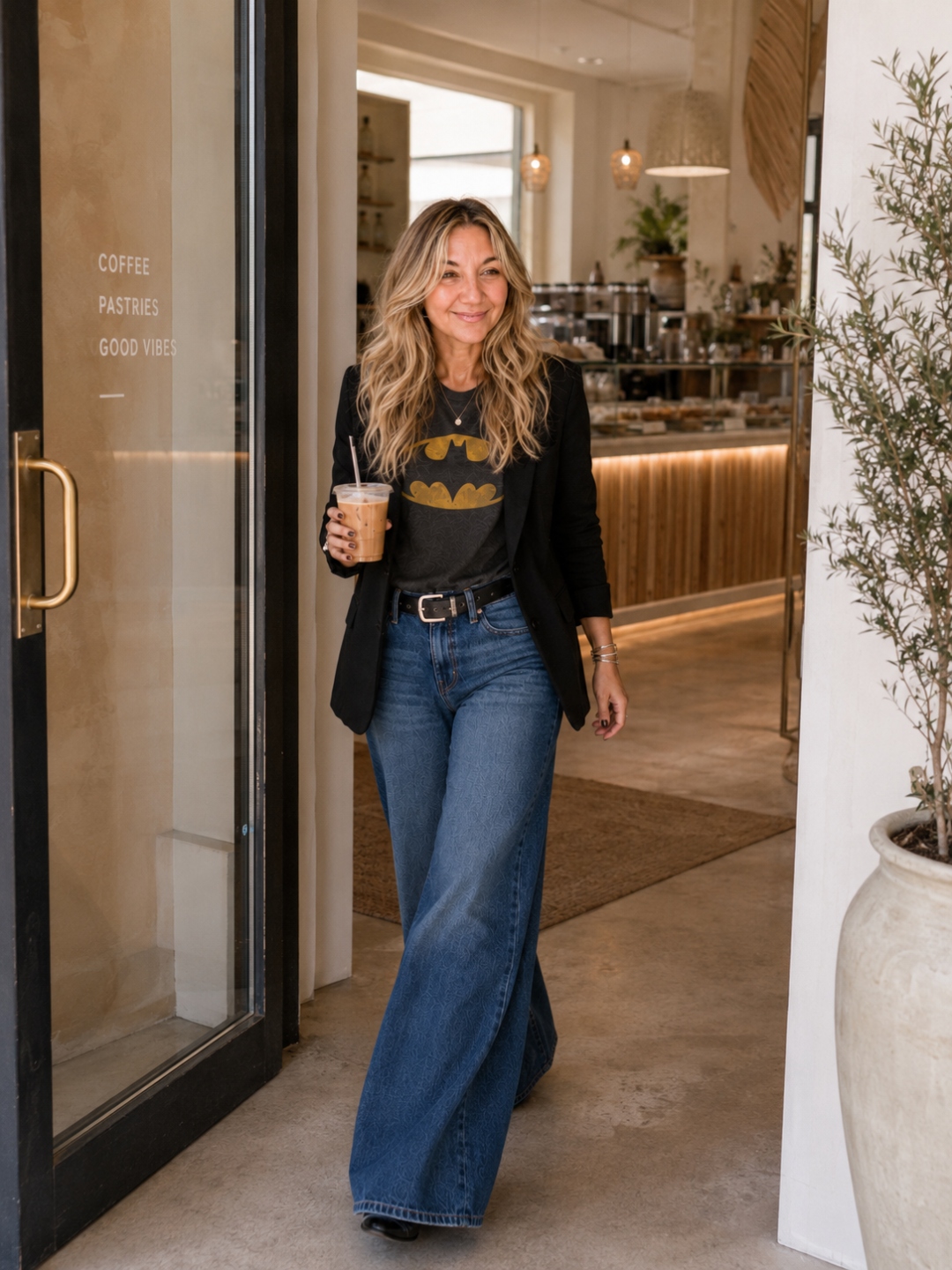Lisa Sevajian walking out of a coffee shop with an iced coffee
