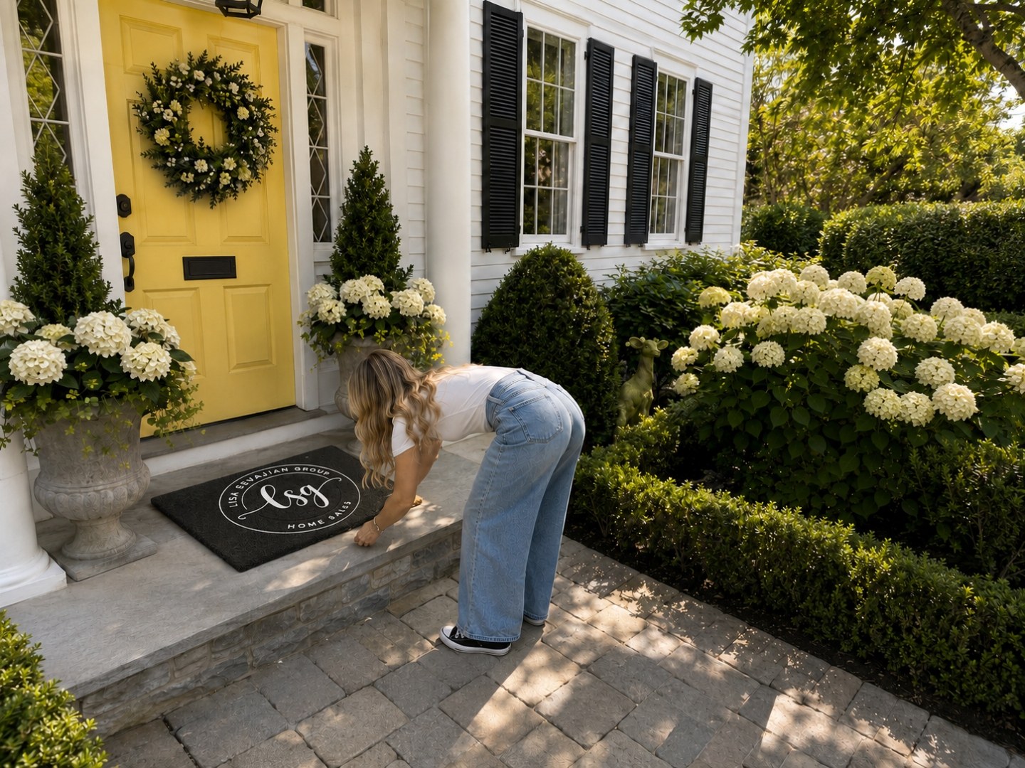Lisa Sevajian setting the LSG welcome mat at a listing, yellow front door, white hydrangeas, boxwood, and slate walkway.