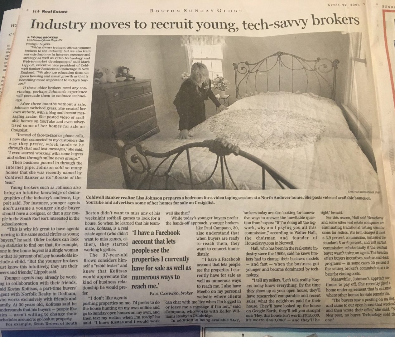 Boston Sunday Globe real estate feature: Industry moves to recruit young, tech-savvy brokers. Interior photo of realtor Lisa Johnson in a North Andover home, April 2008.