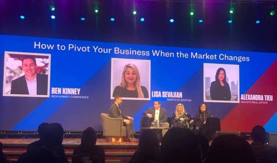 Lisa Sevajian on the Inman Connect main stage with Ben Kinney and Alexandra Tieu, headshots on the huge screens behind them: How to Pivot Your Business When the Market Changes.