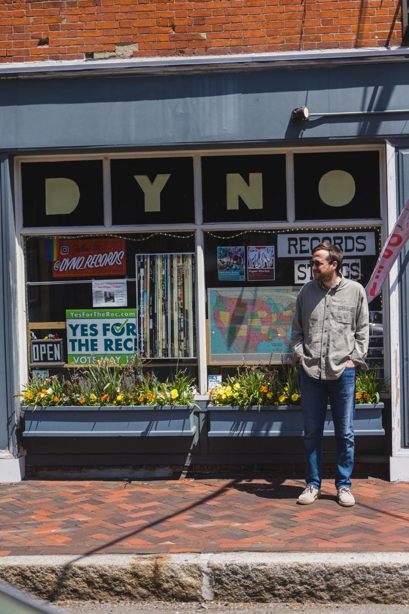 Steve Wallace outside the Dyno Records window in Newburyport MA